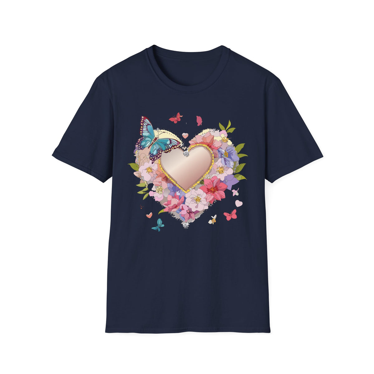Butterfly Floral Heart Pink Gold Heart with Flowers and Butterflies Graphic Design Unisex 100 Cotton Gildan T-Shirt