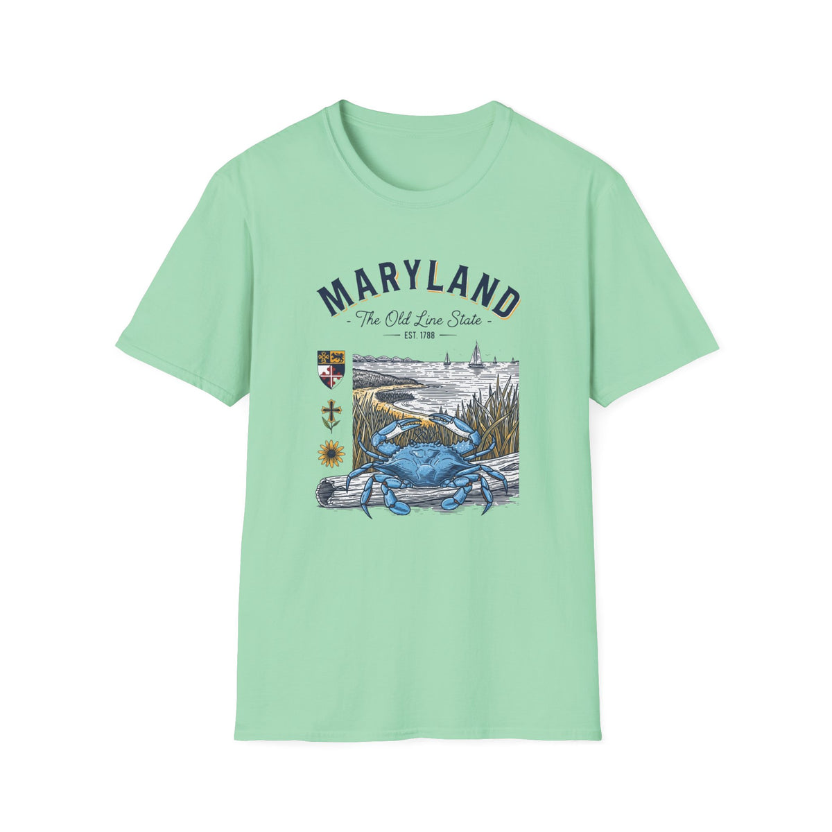 Maryland Blue Crab Scenic T-Shirt — The Old Line State Coastal Design Travel Tourist Graphic Design Unisex 100 Cotton Gildan T-Shirt