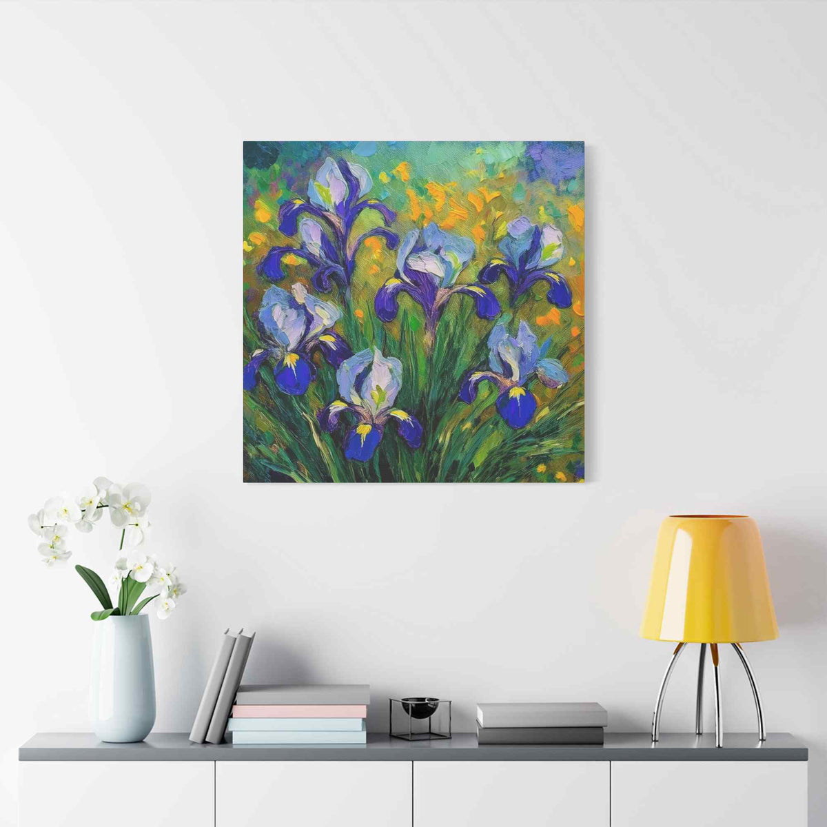 Irises Floral Print Canvas, Floral Oil Paint Print 20x20, 24x24, 30x30, 32x32, 36x36 Art Design Pine-Wood Inner Frame MC-186