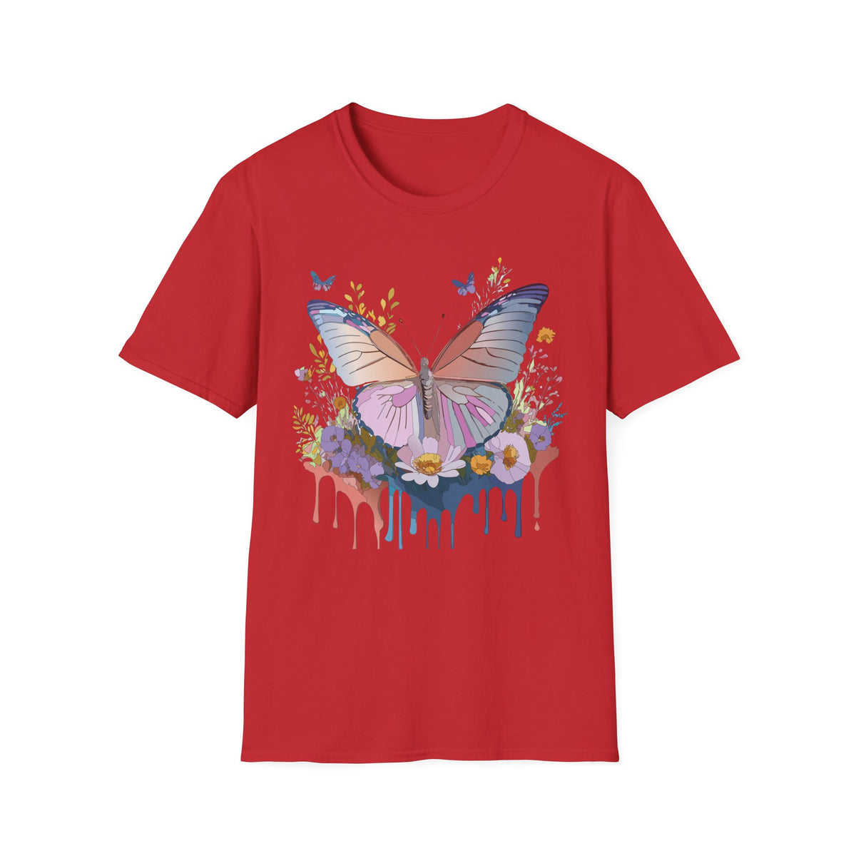 Butterfly Floral T-Shirt — Pastel Watercolor Wings with Drip Art Graphic Tee Unisex 100 Cotton Gildan T-Shirt