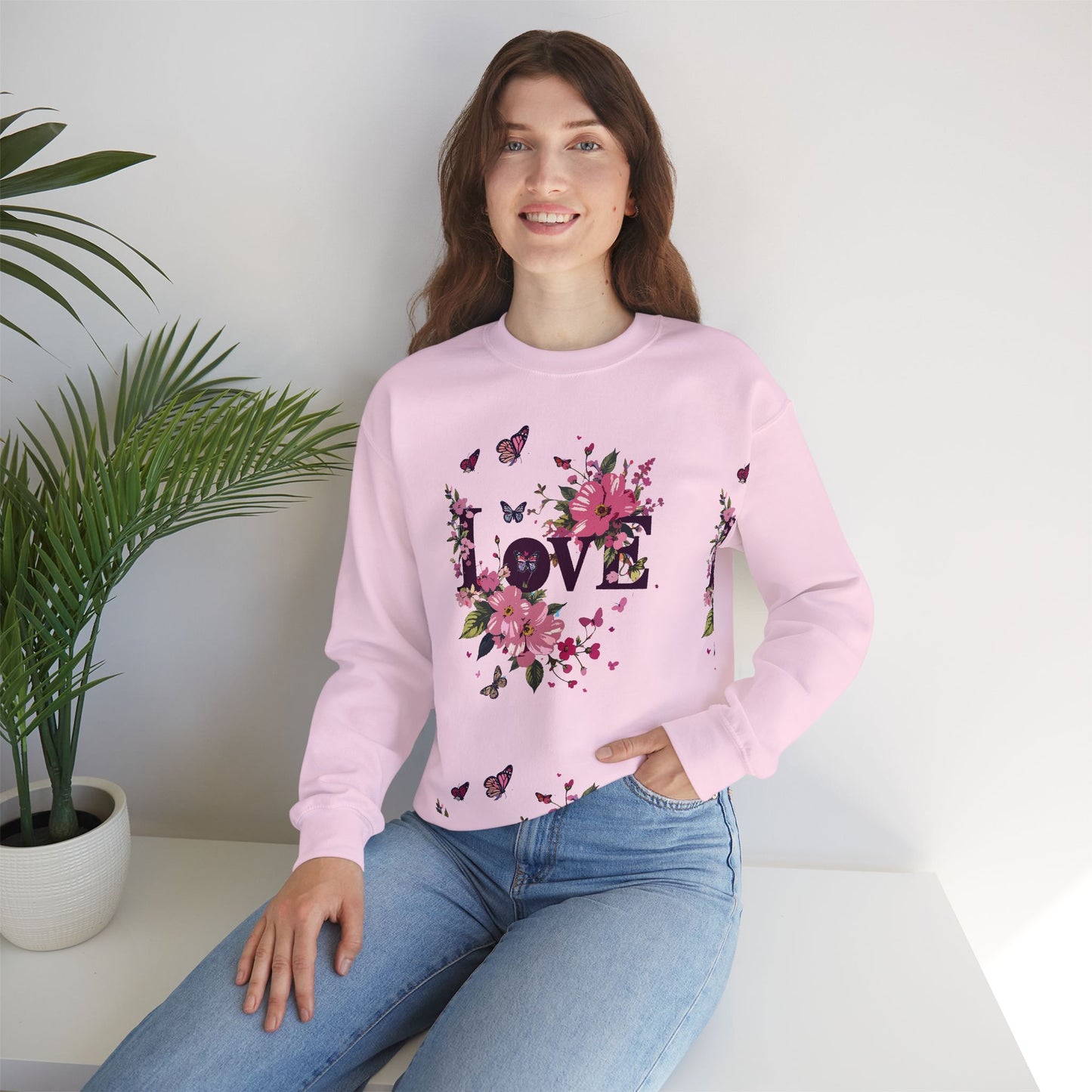 Unisex Floral Love Sweatshirt, Love Floral Sweatshirt, Floral Butterfly Sweatshirt, 50/50 Cotton-Poly Valentine's Day Sweatshirt 05