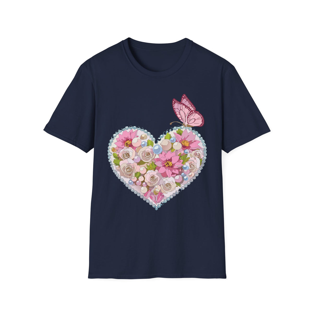 Floral Heart with Butterfly T-Shirt | Pink Flower Heart Graphic Tee Unisex 100 Cotton Gildan T-Shirt