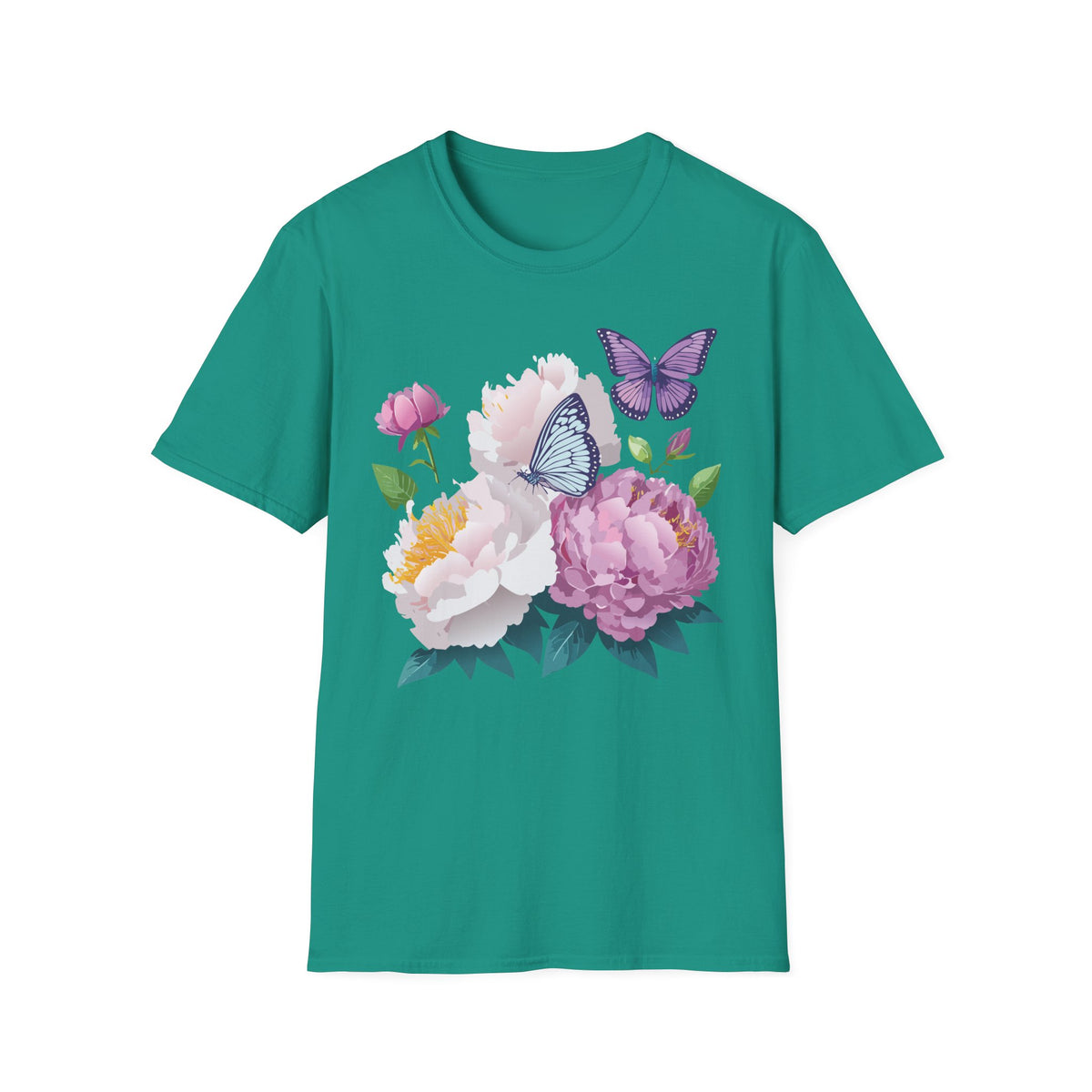 Floral Peonies & Butterflies T-Shirt — pastel garden tee for spring, Mother's Day Graphic Tee Unisex 100 Cotton Gildan T-Shirt