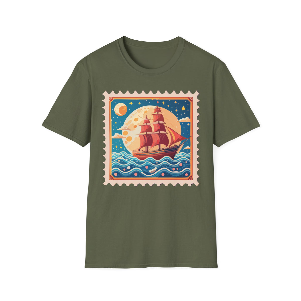 Vintage Sailing Ship Stamp T-Shirt | Retro Moon Ocean Illustration