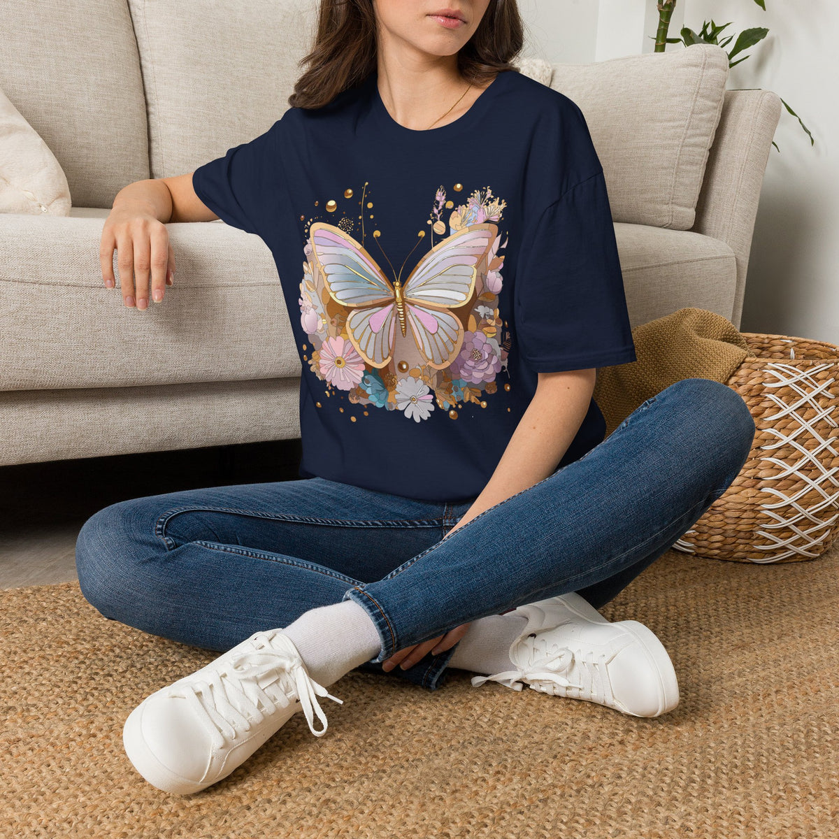 Pastel Butterfly Floral T-Shirt — Gold Accent Butterfly Graphic Design Unisex 100 Cotton Gildan T-Shirt
