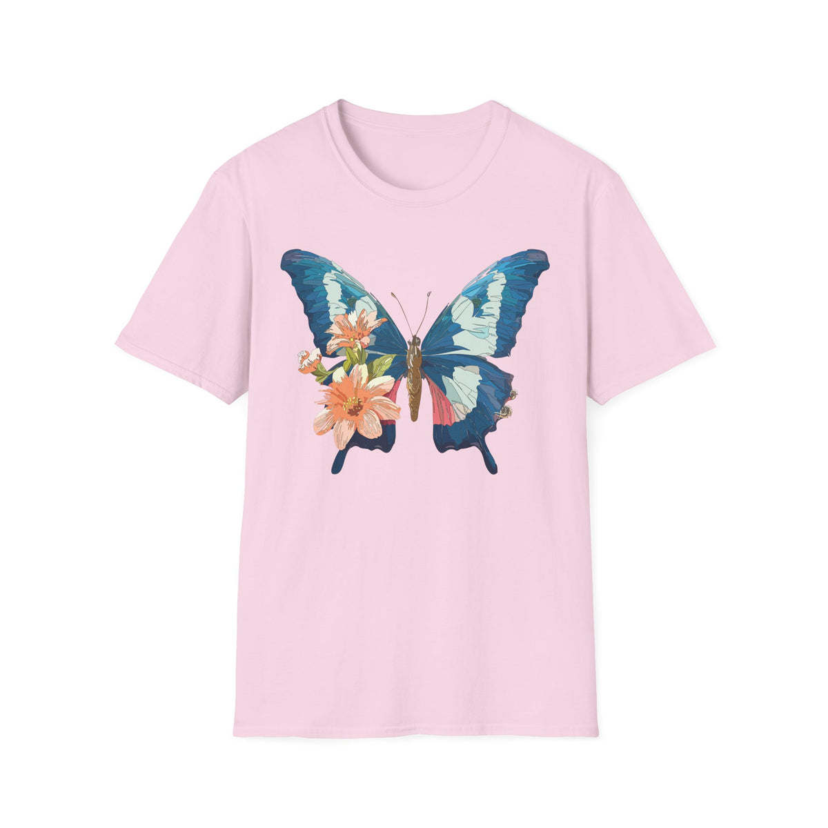 Blue Butterfly Floral Print T-Shirt | Botanical Wings Graphic Tee Unisex 100 Cotton Gildan T-Shirt
