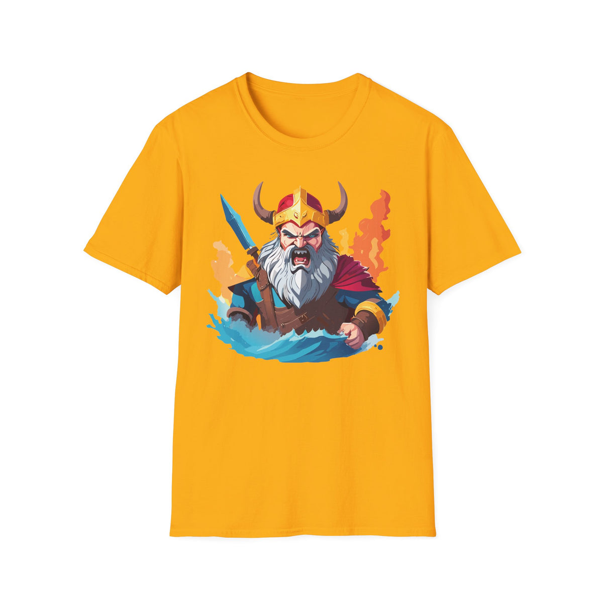 Viking Warrior Illustration T-Shirt | Horned Helmet, Sword, Flames