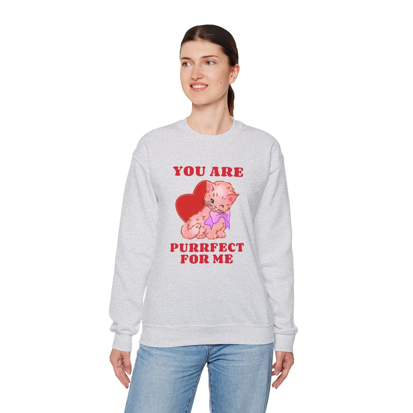 Cat Heart Sweatshirt Unisex Valentines Day Fifty Fifty Cotton Poly Blend Crewneck