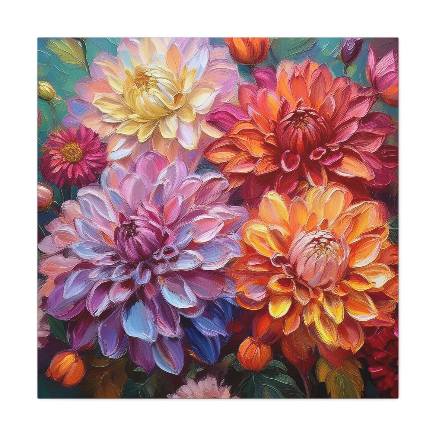Dahlias Floral Print Canvas, Floral Oil Paint Print 20x20, 24x24, 30x30, 32x32, 36x36 Art Design Pine-Wood Inner Frame MC-167