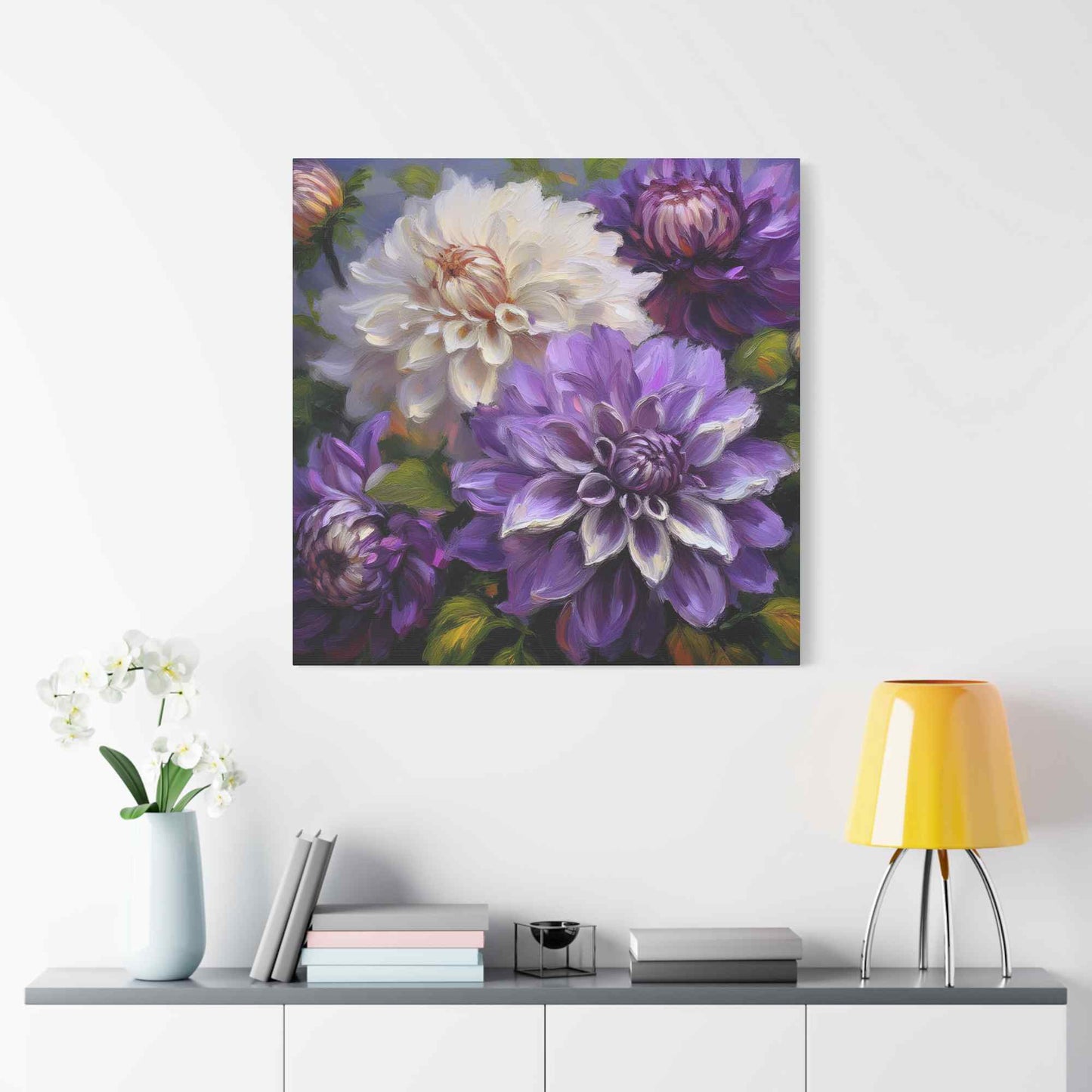 Dahlias Floral Print Canvas, Floral Oil Paint Print 20x20, 24x24, 30x30, 32x32, 36x36 Art Design Pine-Wood Inner Frame MC-172