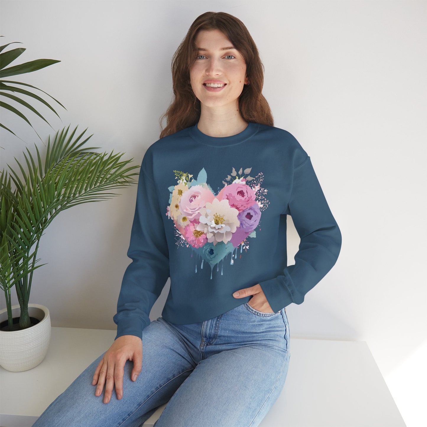 Floral Heart Unisex Crewneck Sweatshirt With Floral Love Valentines Day Design Premium Heavy Blend