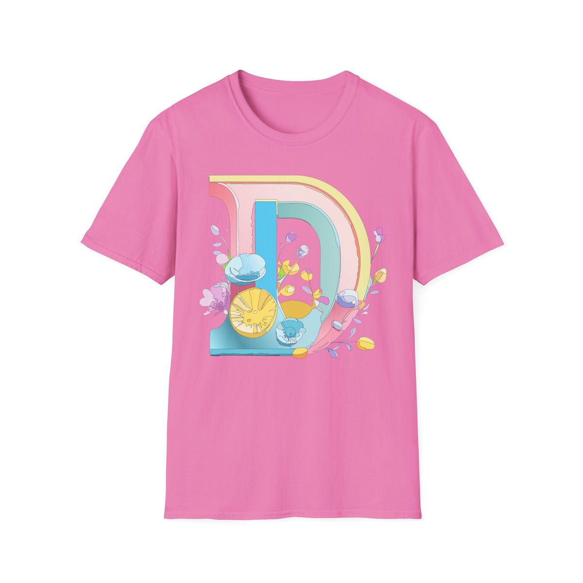 Retro Rainbow Letter D T-Shirt | Floral Lemon Initial Graphic