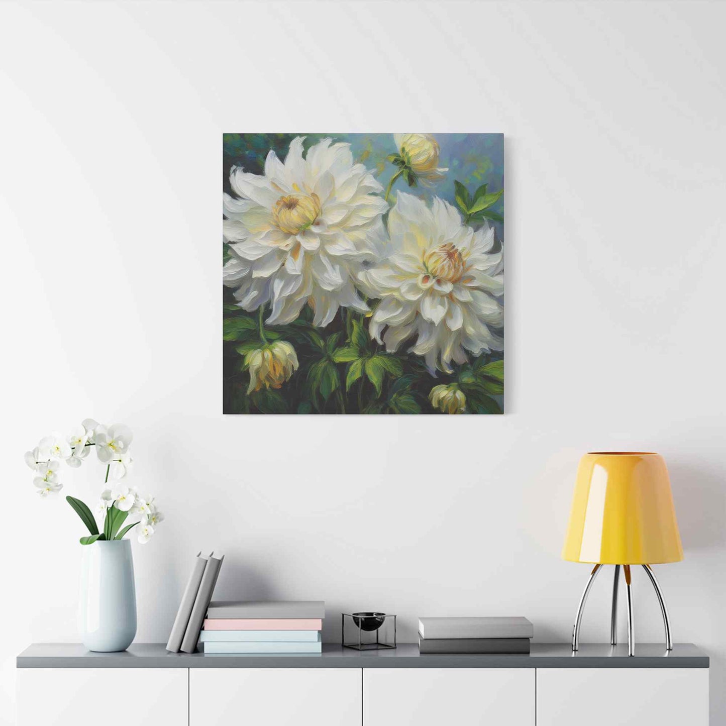 White Dahlias Print Canvas, Floral Oil Paint Print 20x20, 24x24, 30x30, 32x32, 36x36 Art Design Pine-Wood Inner Frame MC-170
