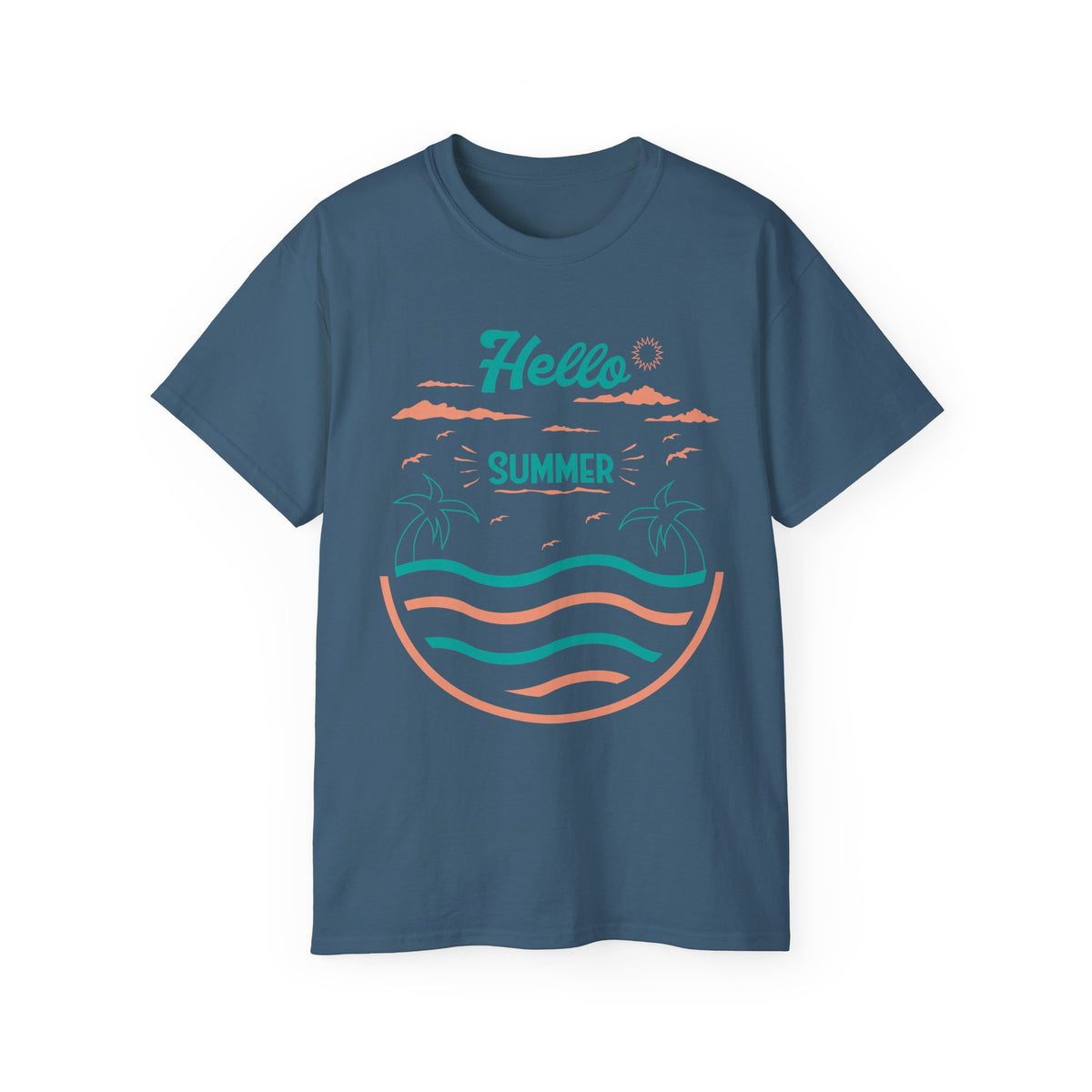 Hello Summer Beach Waves T-Shirt | Palm Tree Sunset Tee