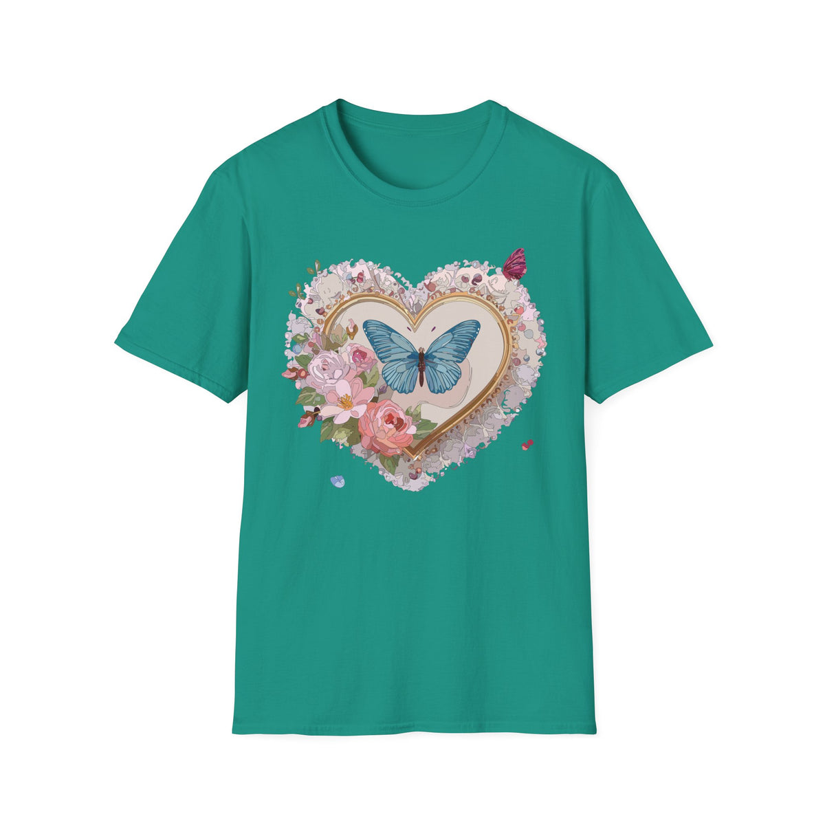 Butterfly Heart T-Shirt — Floral Blue Butterfly Graphic Tee Unisex 100 Cotton Gildan T-Shirt