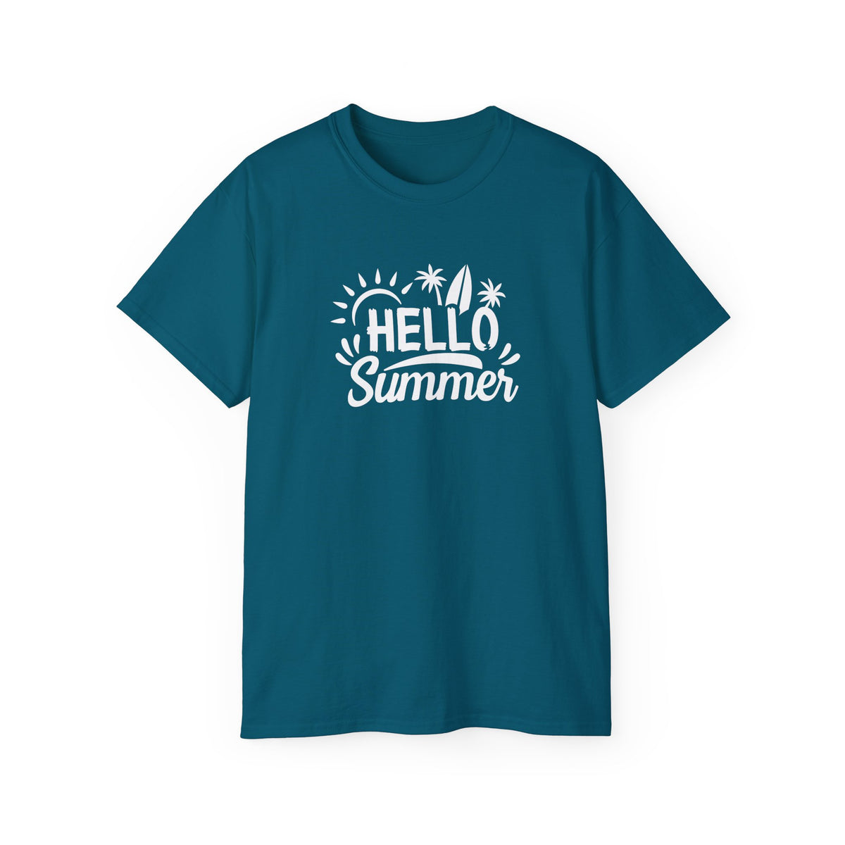 Hello Summer surfboard palm trees T-Shirt | Summer beach graphic tee