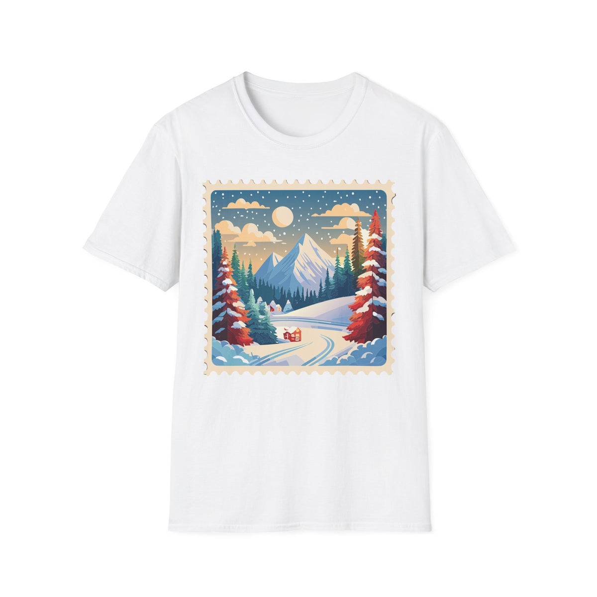 Vintage Winter Mountain Scene T-Shirt | Snowy Peaks Forest Illustration
