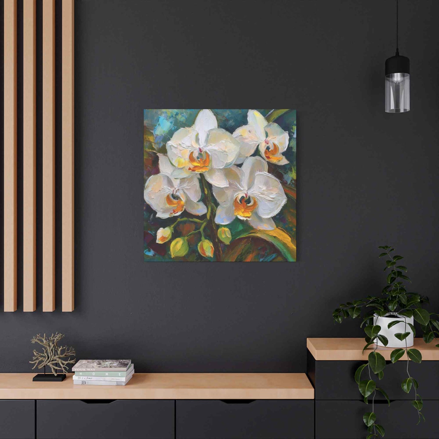 White Orchids Print Canvas, Floral Oil Paint Print 20x20, 24x24, 30x30, 32x32, 36x36 Art Design Pine-Wood Inner Frame MC-137