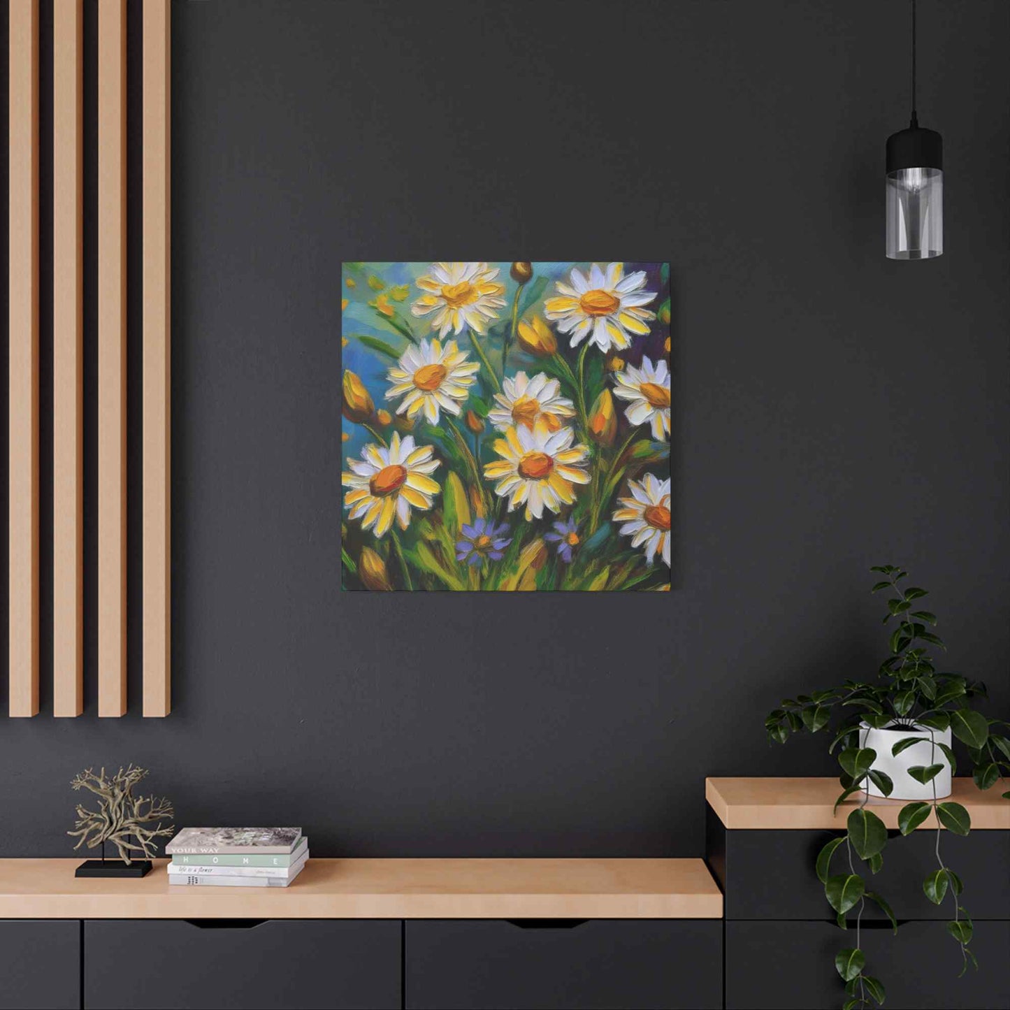 White Daisies Print Canvas, Floral Oil Paint Print 20x20, 24x24, 30x30, 32x32, 36x36 Art Design Pine-Wood Inner Frame MC-127