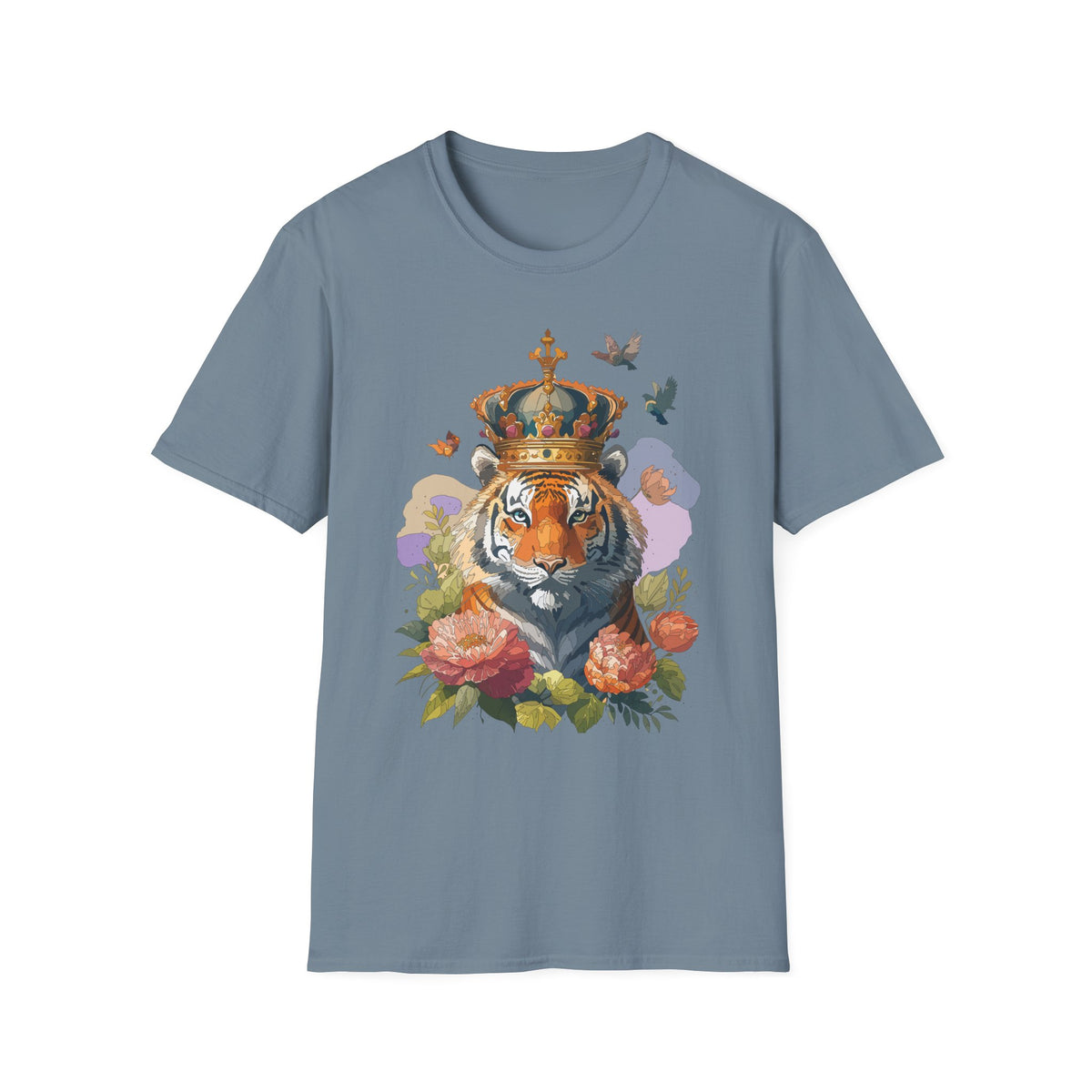 Crowned Tiger Illustration T-Shirt | Floral, Birds, Regal Wildlife Art - Unisex 100 Cotton Gildan 64000