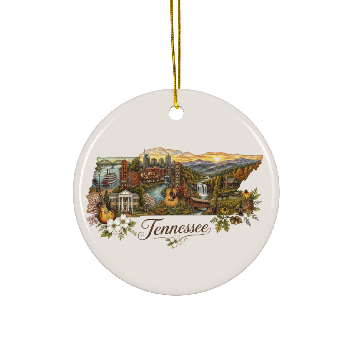 Tennessee Collage Ceramic Ornament | State Landmark Round Ornament - 2.99" Includes Gold String
