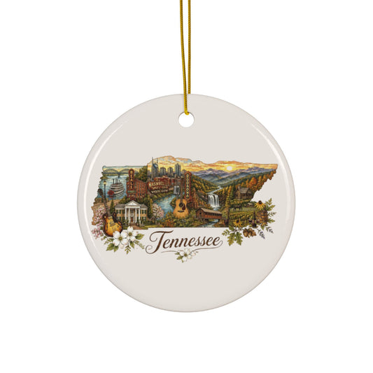 Tennessee Collage Ceramic Ornament | State Landmark Round Ornament - 2.99" Includes Gold String