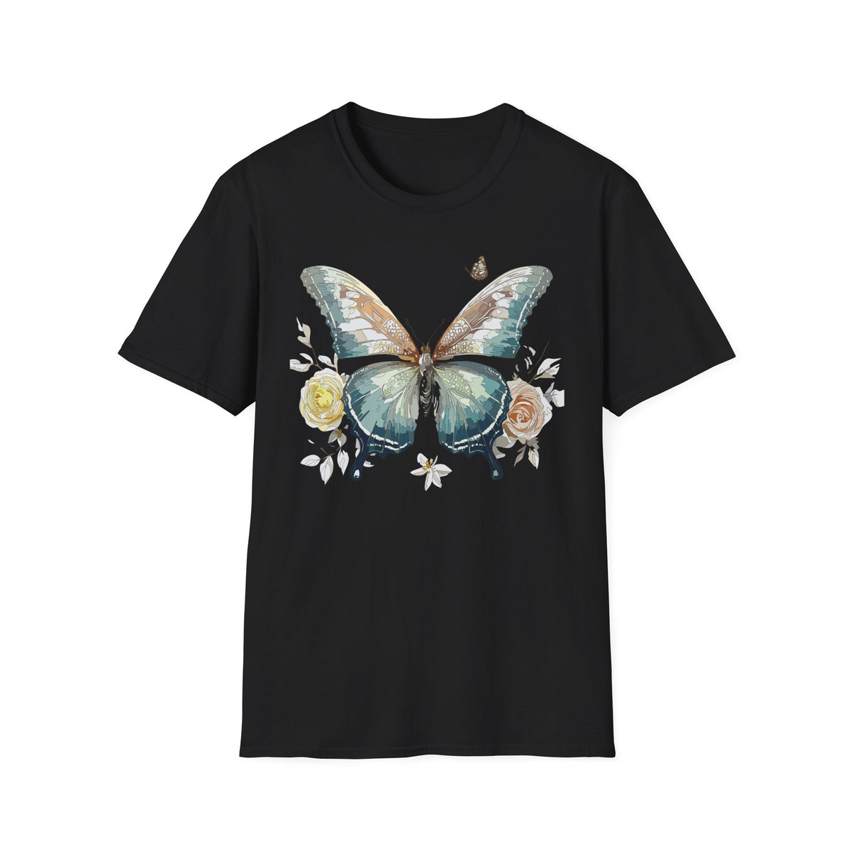 Teal Watercolor Butterfly T-Shirt | Floral Accent Graphic Tee Unisex 100 Cotton Gildan T-Shirt