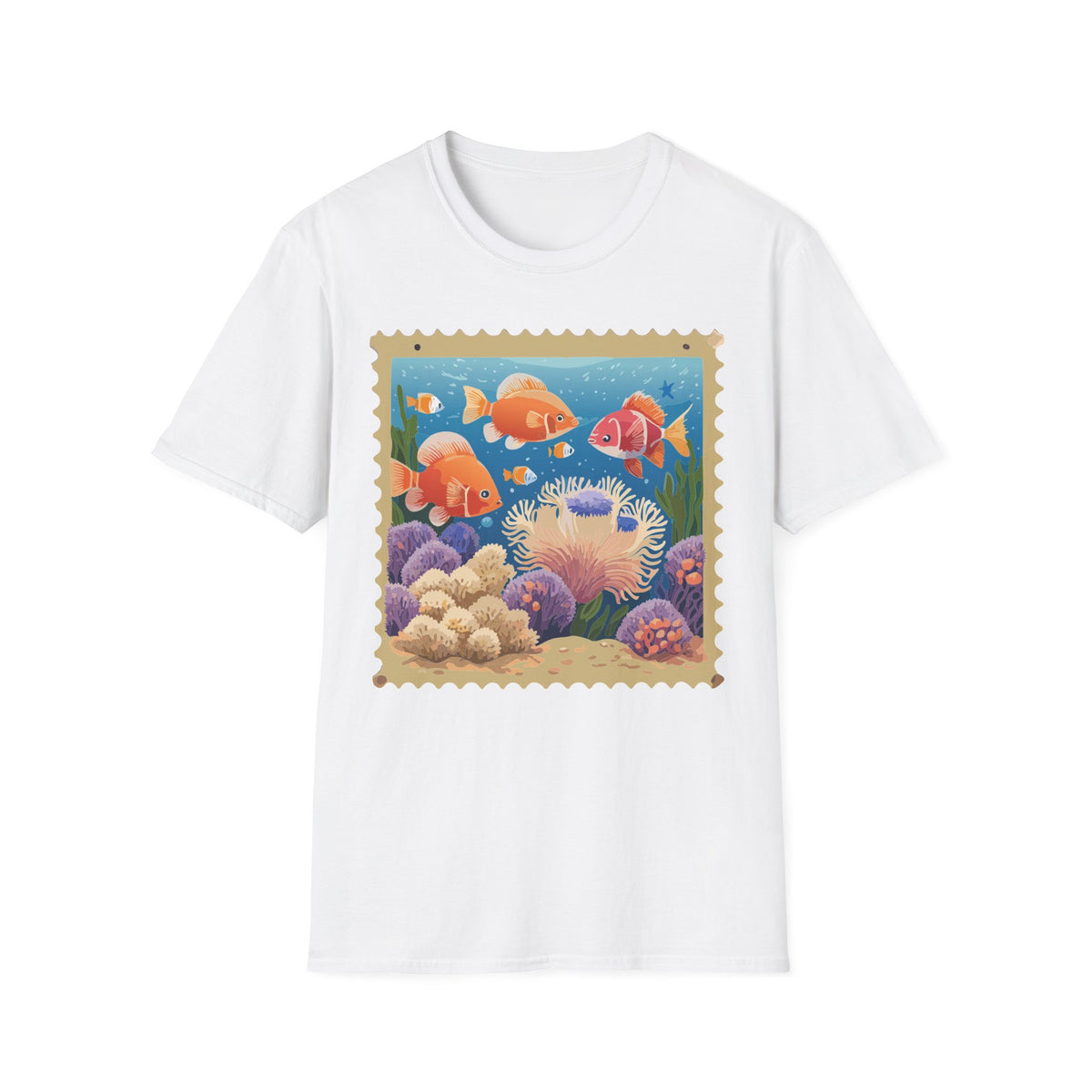 Goldfish Aquarium Illustration T-Shirt | Underwater Coral Reef Stamp Graphic Tee Unisex 100 Cotton Gildan T-Shirt