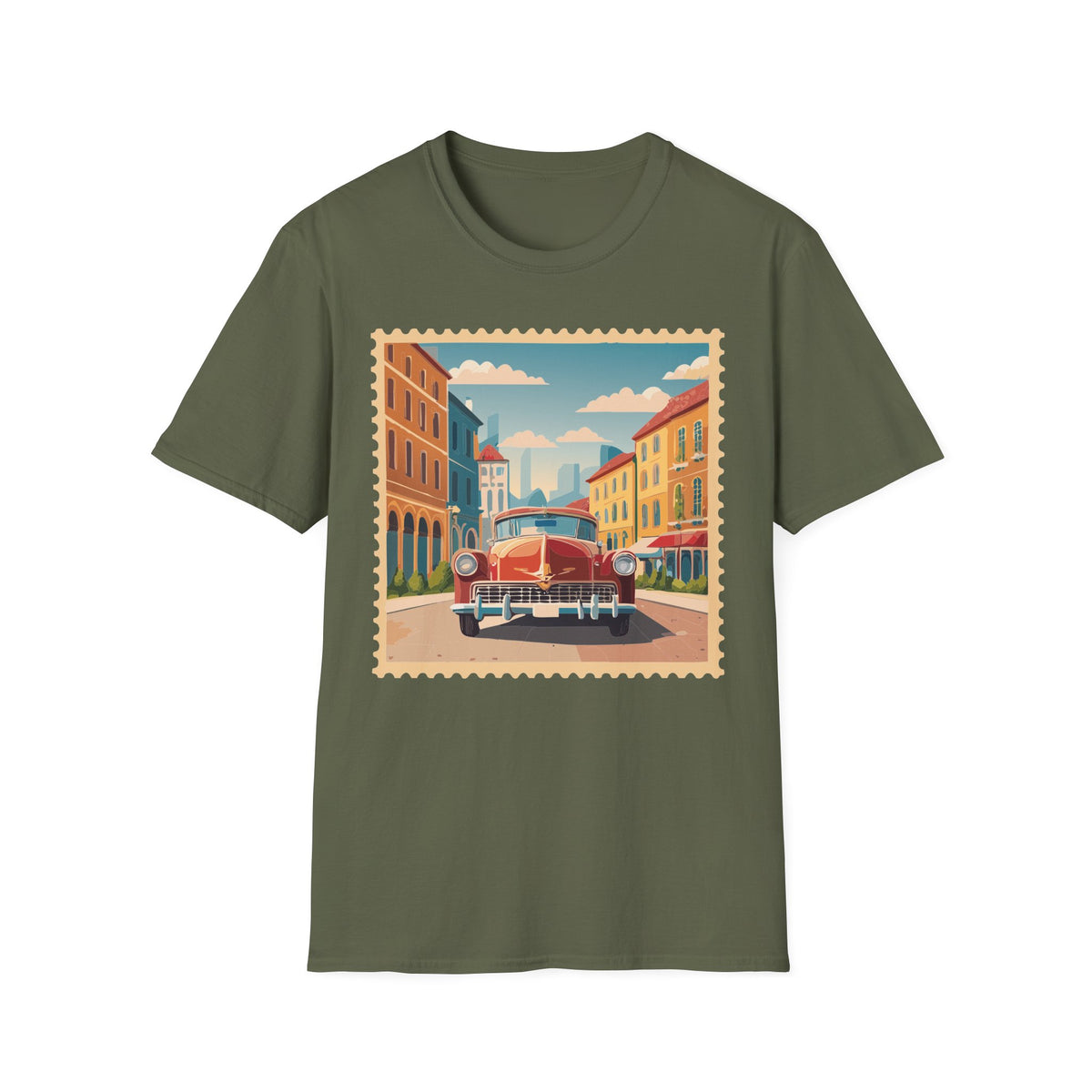 Vintage Cityscape Stamp T-Shirt | Retro Car Street Graphic Tee Unisex 100 Cotton Gildan T-Shirt