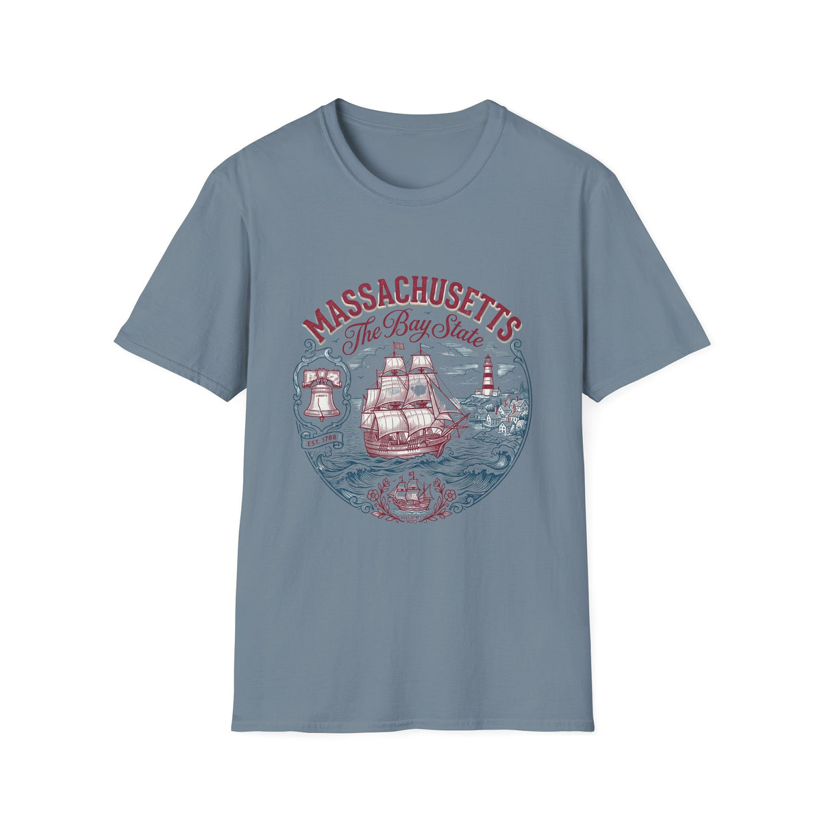 Massachusetts The Bay State T-Shirt – Vintage Nautical Ship Lighthouse Travel Tourist Graphic Design Unisex 100 Cotton Gildan T-Shirt