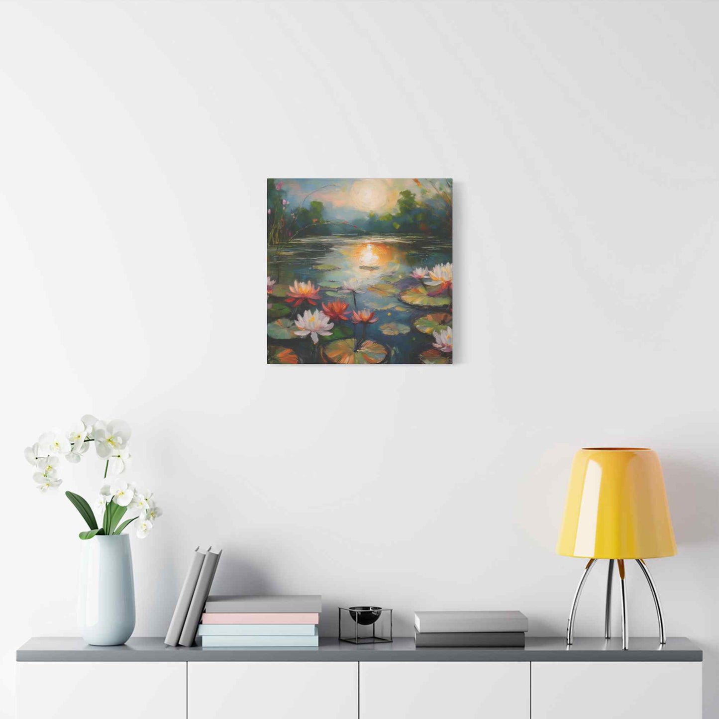Water Lilies Print Canvas, Oil Paint Print 20x20, 24x24, 30x30, 32x32, 36x36 Floral Art Print Pine-Wood Inner Frame MC-66