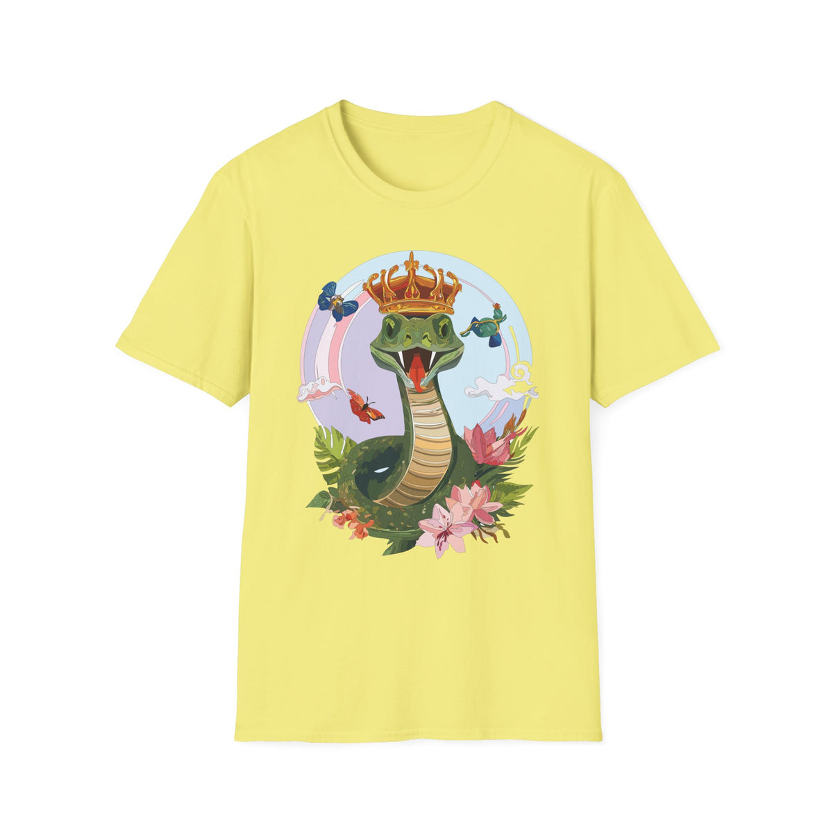 Crowned Snake Illustration T-Shirt | Regal Snake with Crown and Butterflies