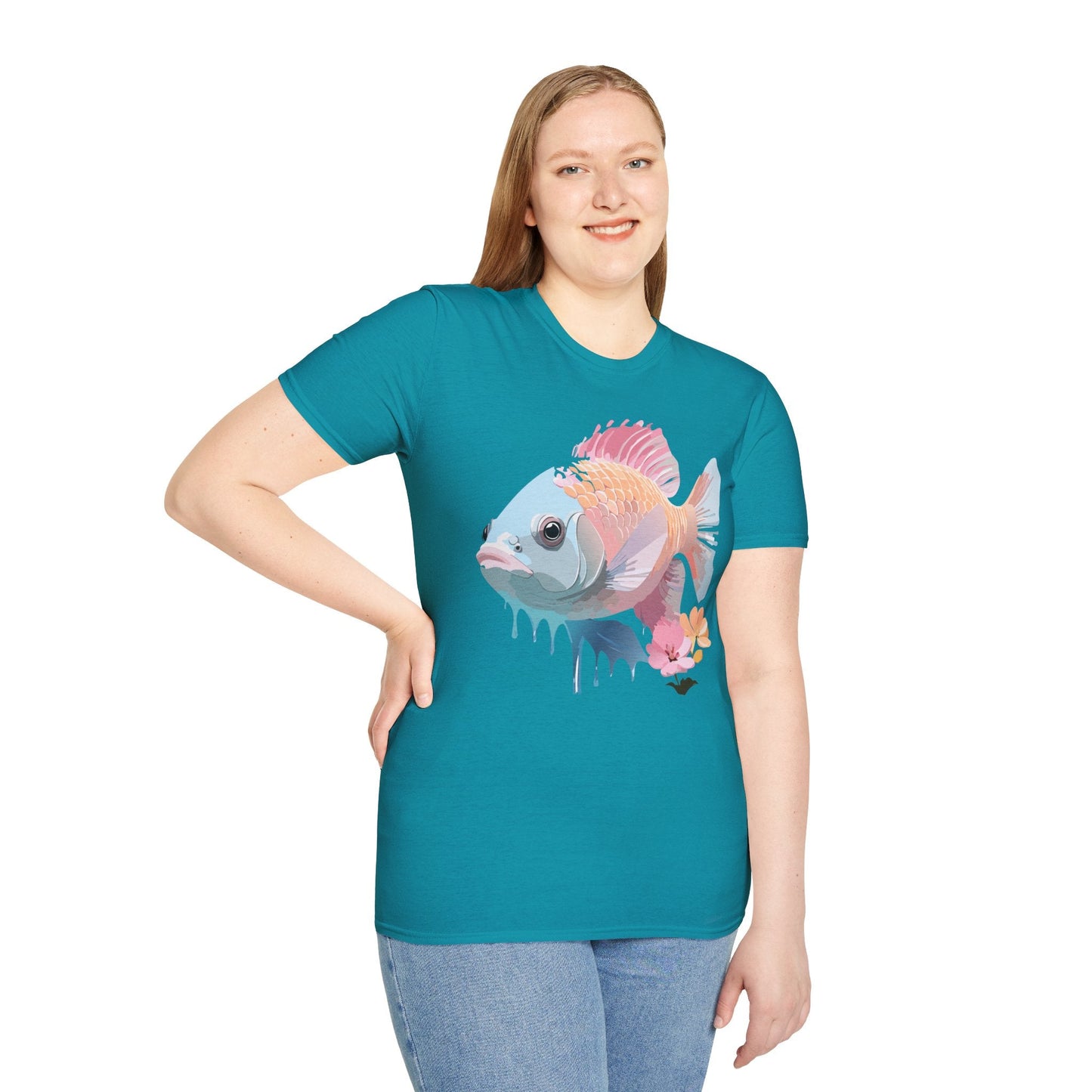 Fish Art Design Shirt Unisex Graphic Tee 100 Percent Ring Spun Cotton Softstyle Gildan 64000
