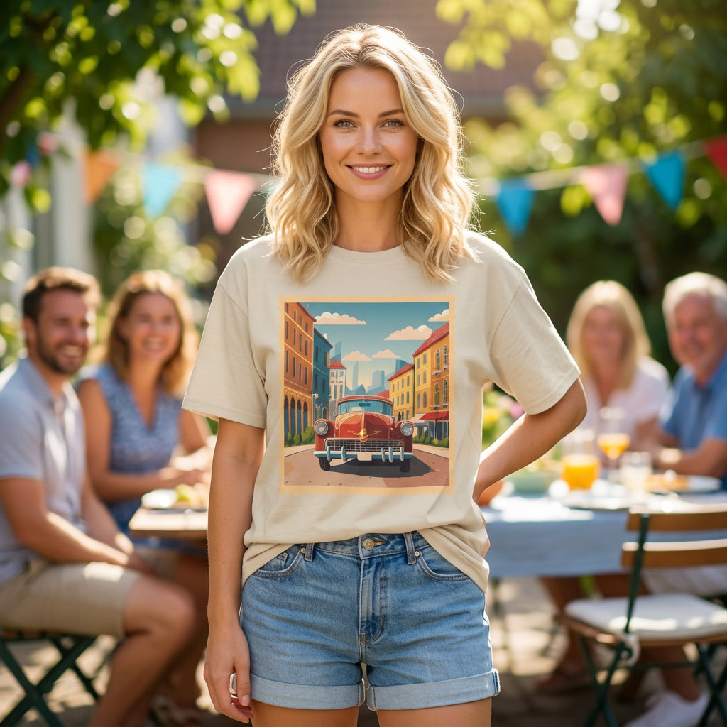 Vintage Cityscape Stamp T-Shirt | Retro Car Street Graphic Tee Unisex 100 Cotton Gildan T-Shirt