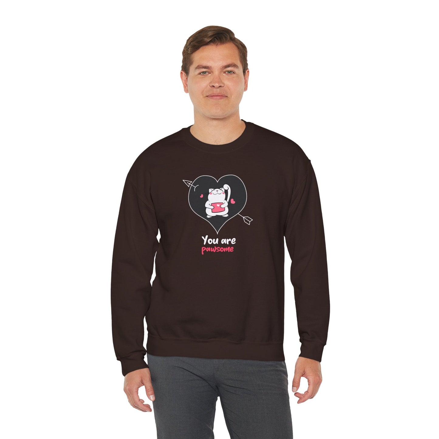 Cat Heart Sweatshirt Unisex Valentines Day Fifty Fifty Cotton Poly Crewneck Gildan 18000