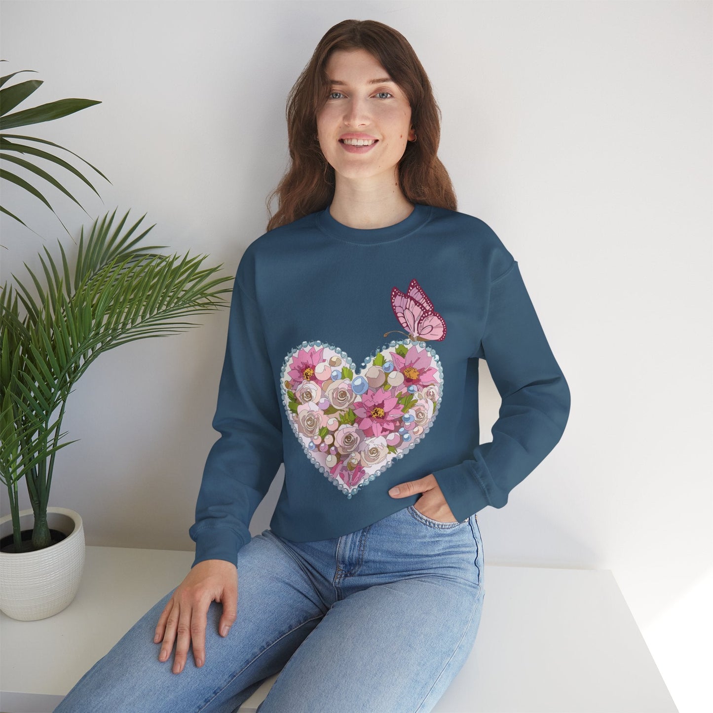 Floral Heart Sweatshirt Unisex Crewneck Valentines Day 50 50 Heavy Blend Gildan 18000