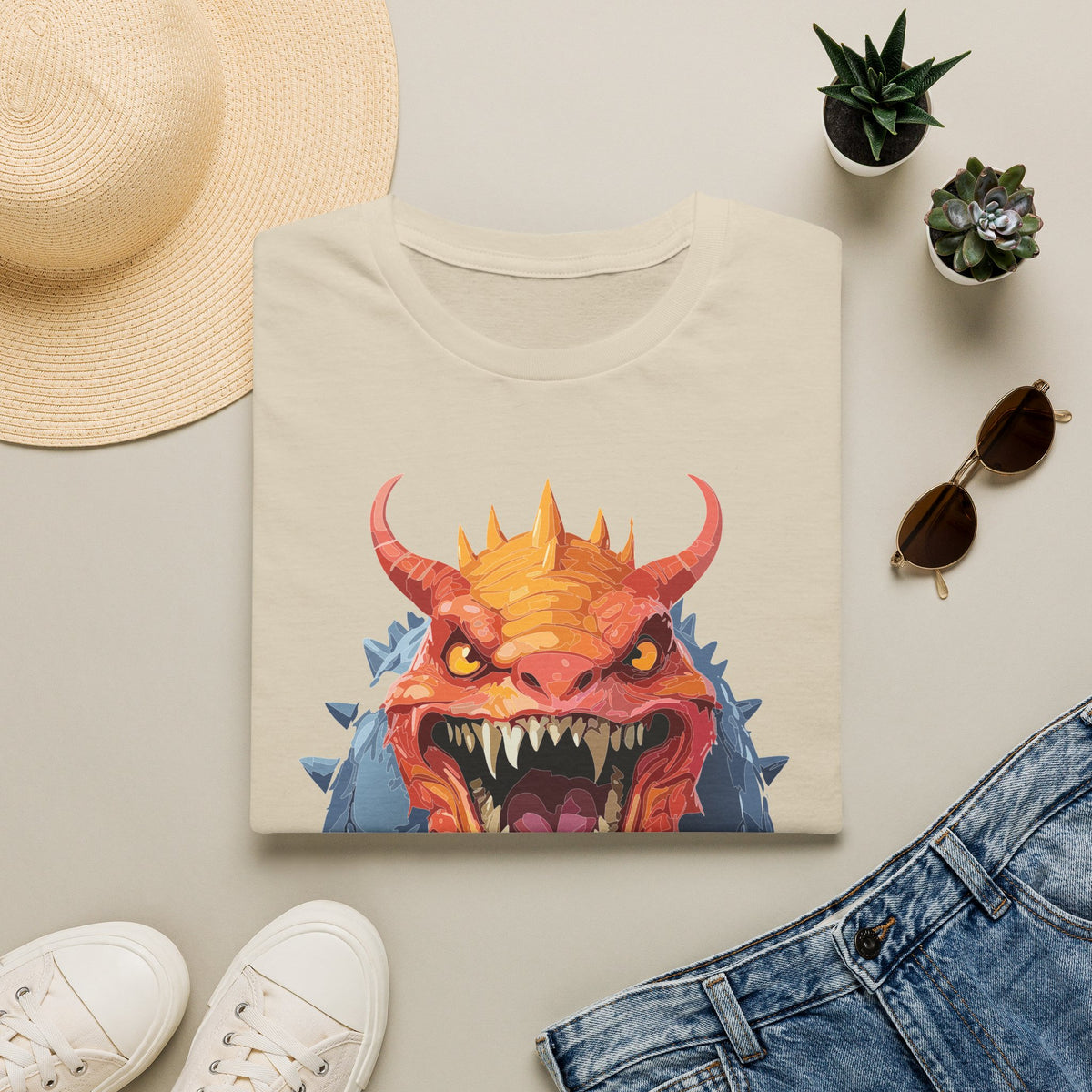 Dragon Monster T-Shirt — Fierce Orange & Blue Fantasy Creature Cartoon Graphic Tee Unisex 100 Cotton Gildan T-Shirt