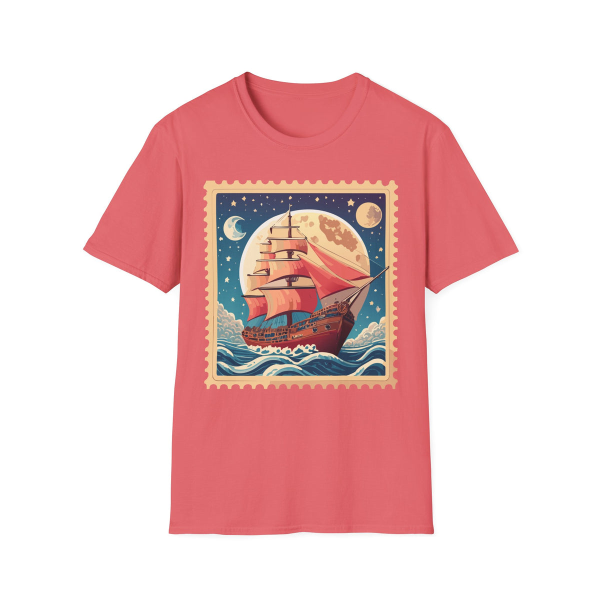 Vintage Sailing Ship Stamp T-Shirt | Moonlit Ocean Illustration