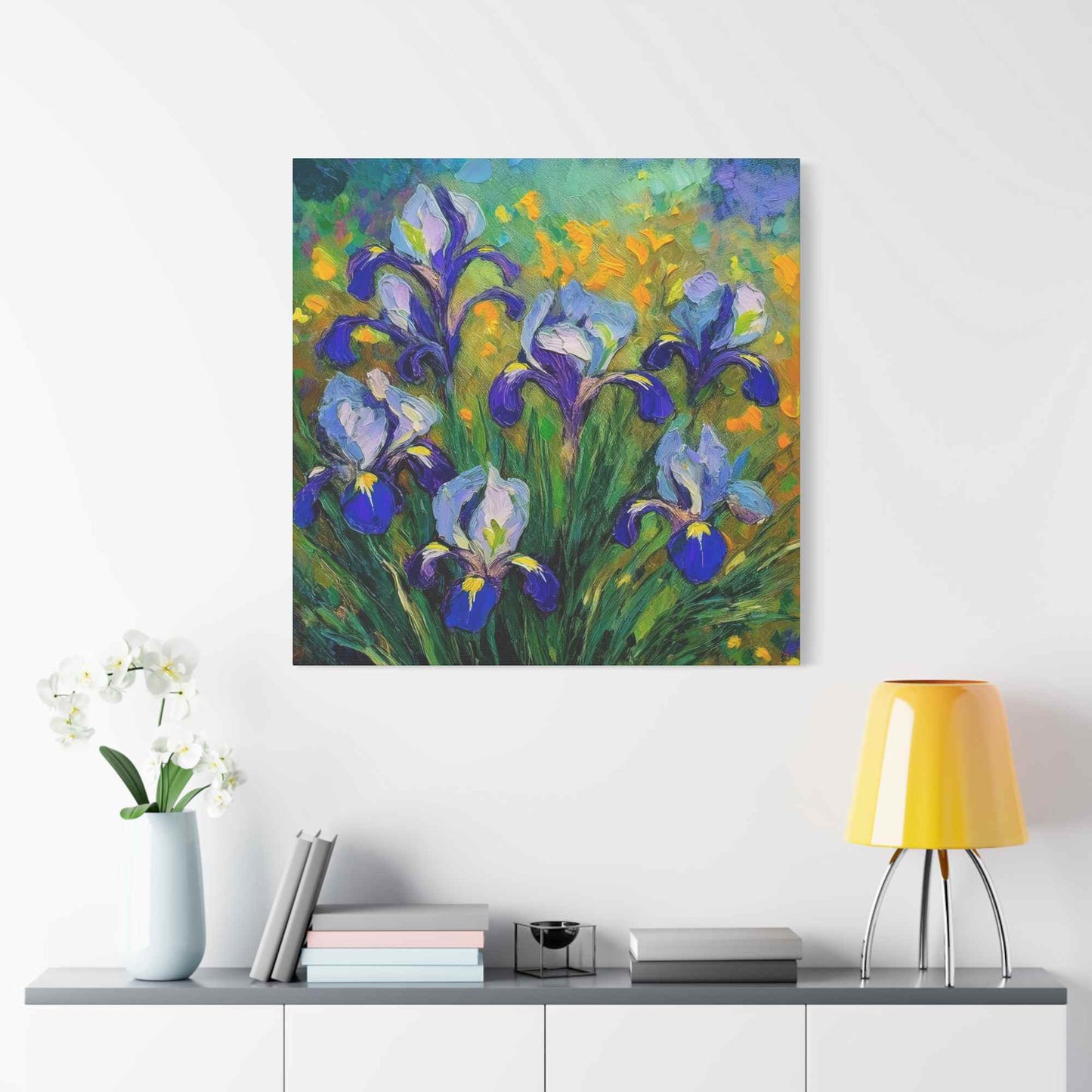 Irises Floral Print Canvas, Floral Oil Paint Print 20x20, 24x24, 30x30, 32x32, 36x36 Art Design Pine-Wood Inner Frame MC-186