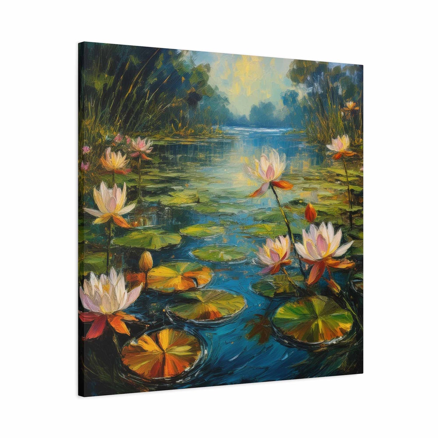 Water Lilies Print Canvas, Oil Paint Print 20x20, 24x24, 30x30, 32x32, 36x36 Art Design Print Pine-Wood Inner Frame MC-62