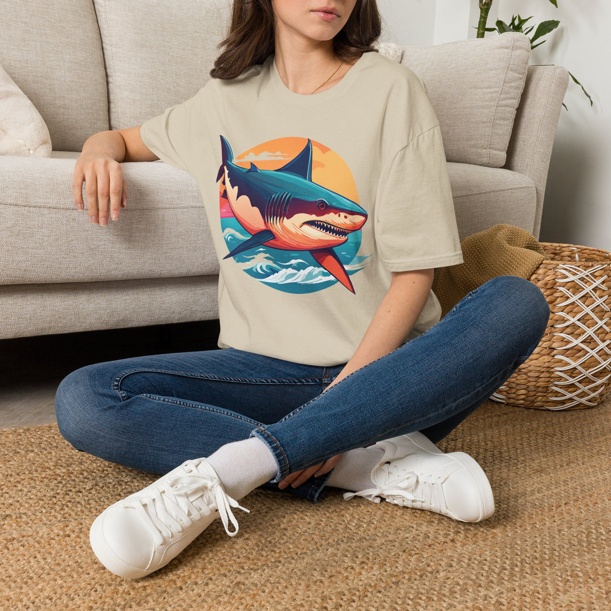 Retro Shark Sunset T-Shirt | Ocean Waves | Coastal Beach Tee