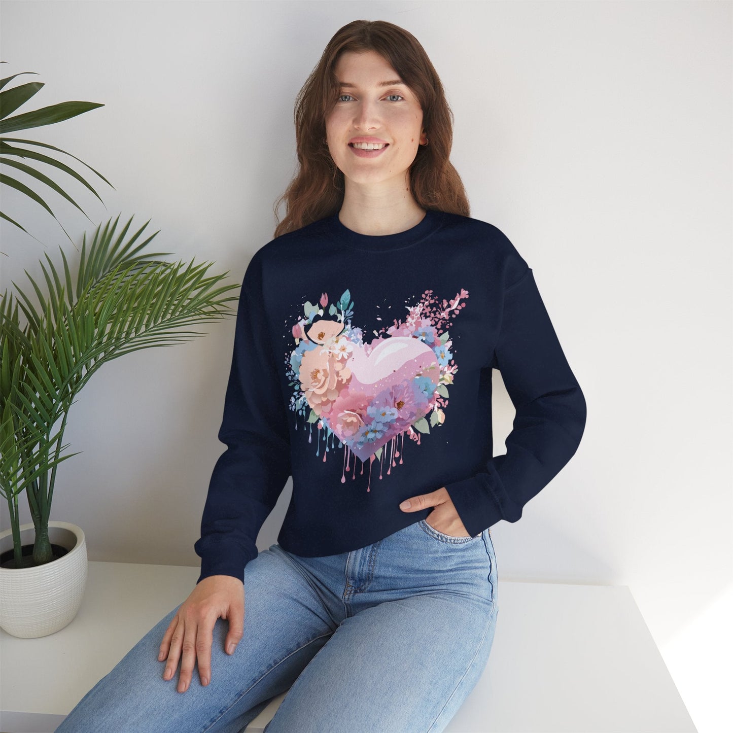 Floral Heart Sweatshirt Unisex Crewneck Valentines Day Floral Love Gildan 18000 Premium