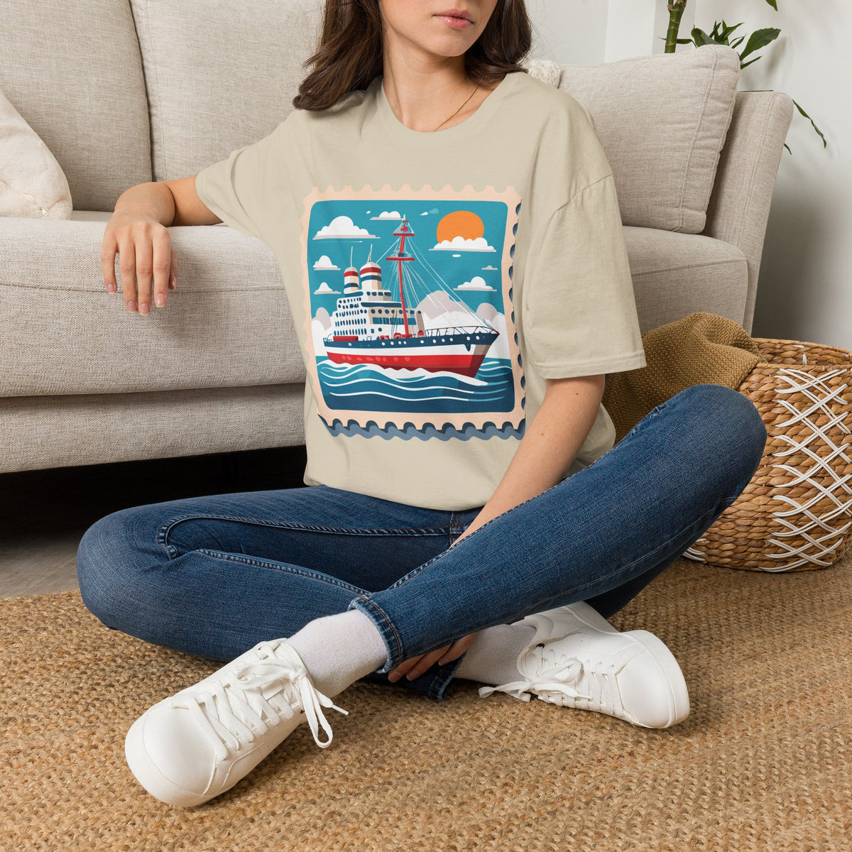 Vintage Cruise Ship Stamp T-Shirt | Nautical Ocean Sunset Design