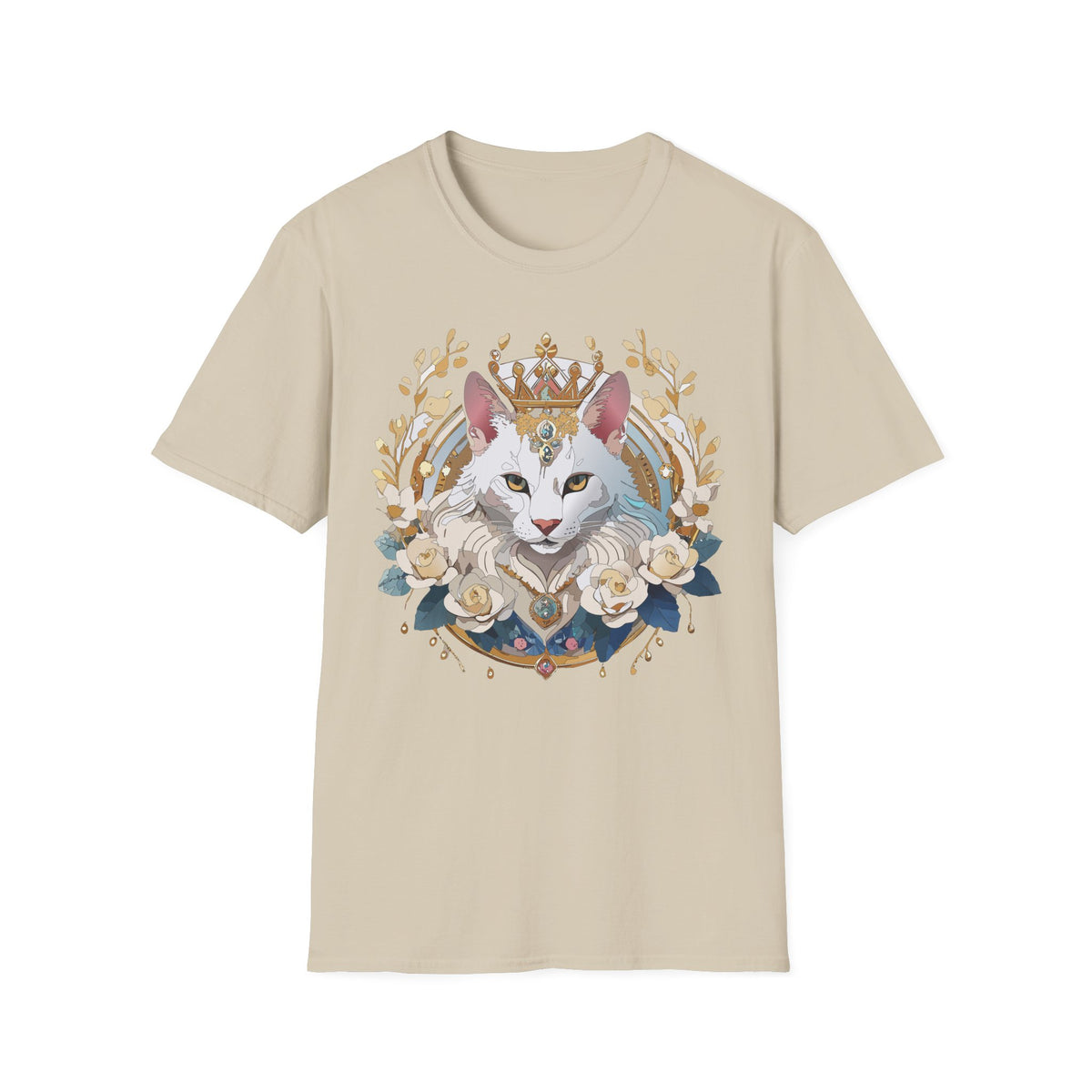 Regal White Cat Illustration T-Shirt | Crowned Feline, Floral Frame