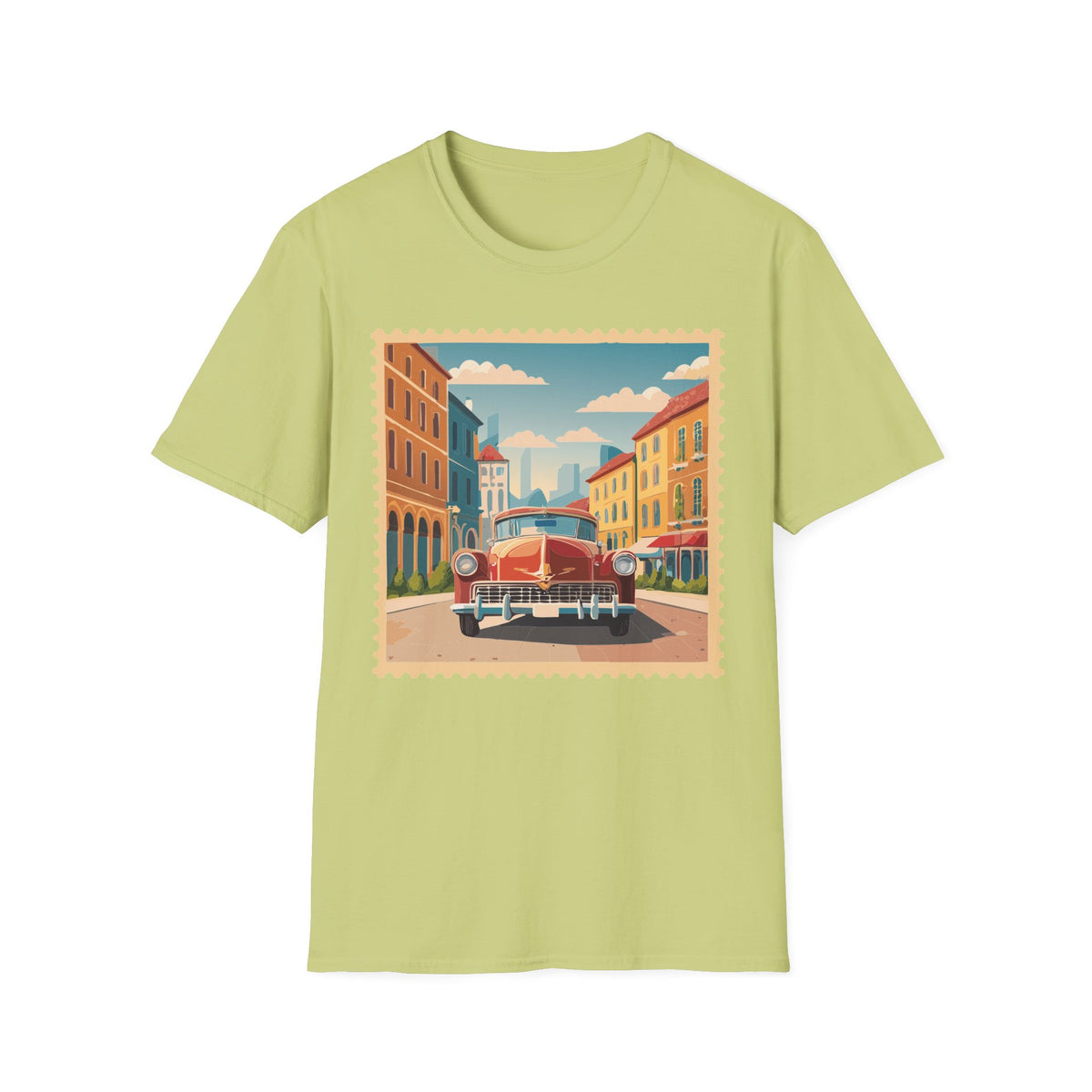 Vintage Cityscape Stamp T-Shirt | Retro Car Street Graphic Tee Unisex 100 Cotton Gildan T-Shirt