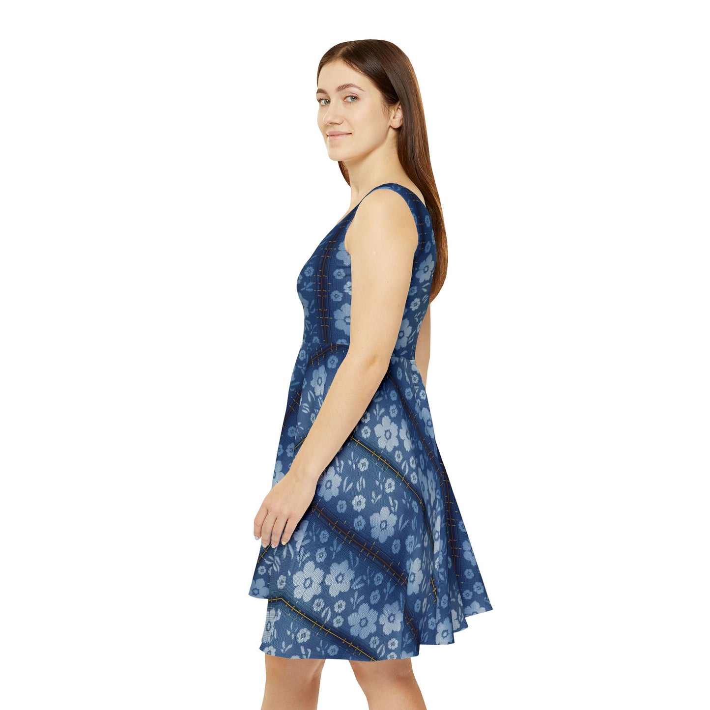 Women Denim Print Skater Dress, Denim Print Poly-Span Dress - 31