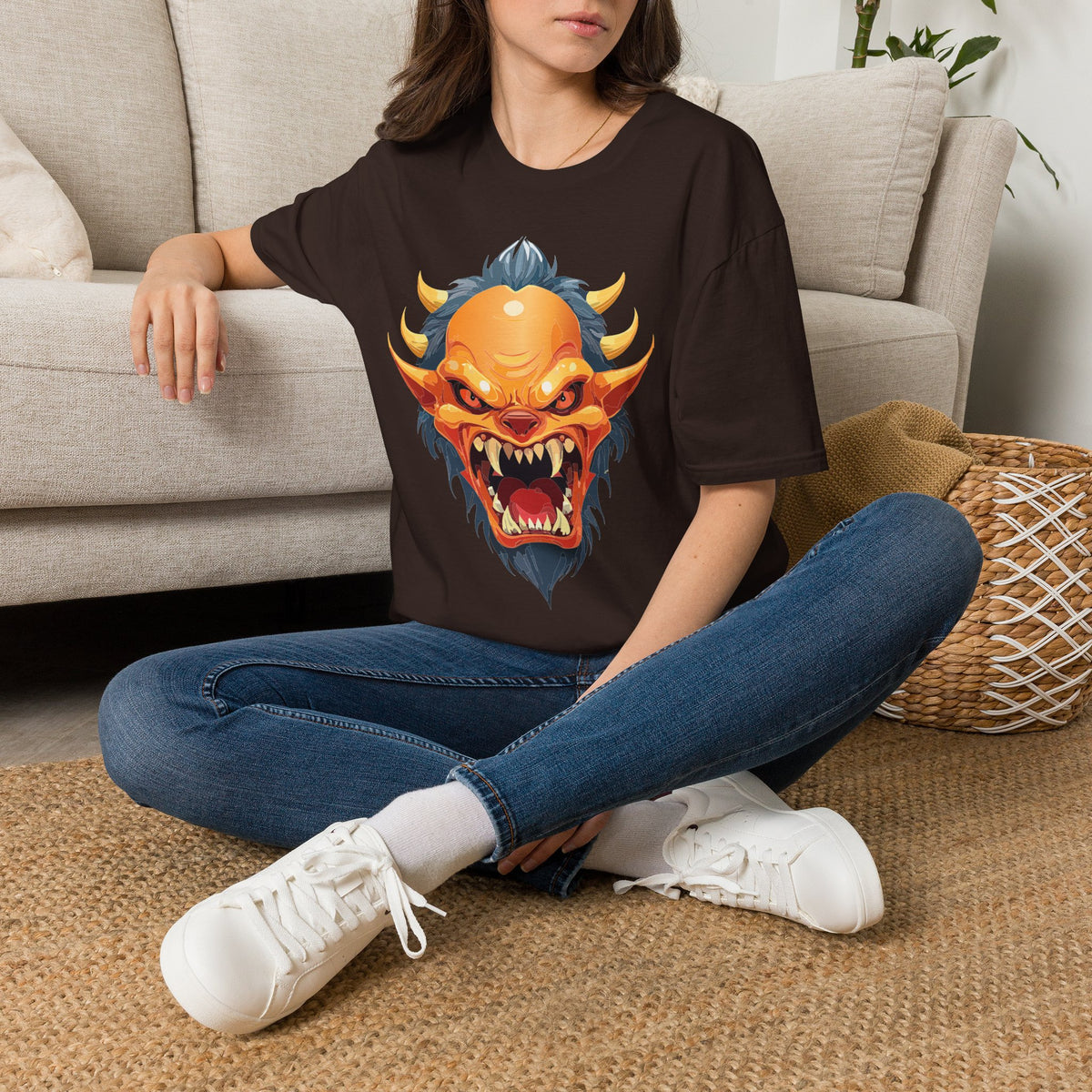 Demonic Oni Mask T-Shirt — Fierce Japanese Demon Face Cartoon Graphic Tee Unisex 100 Cotton Gildan T-Shirt