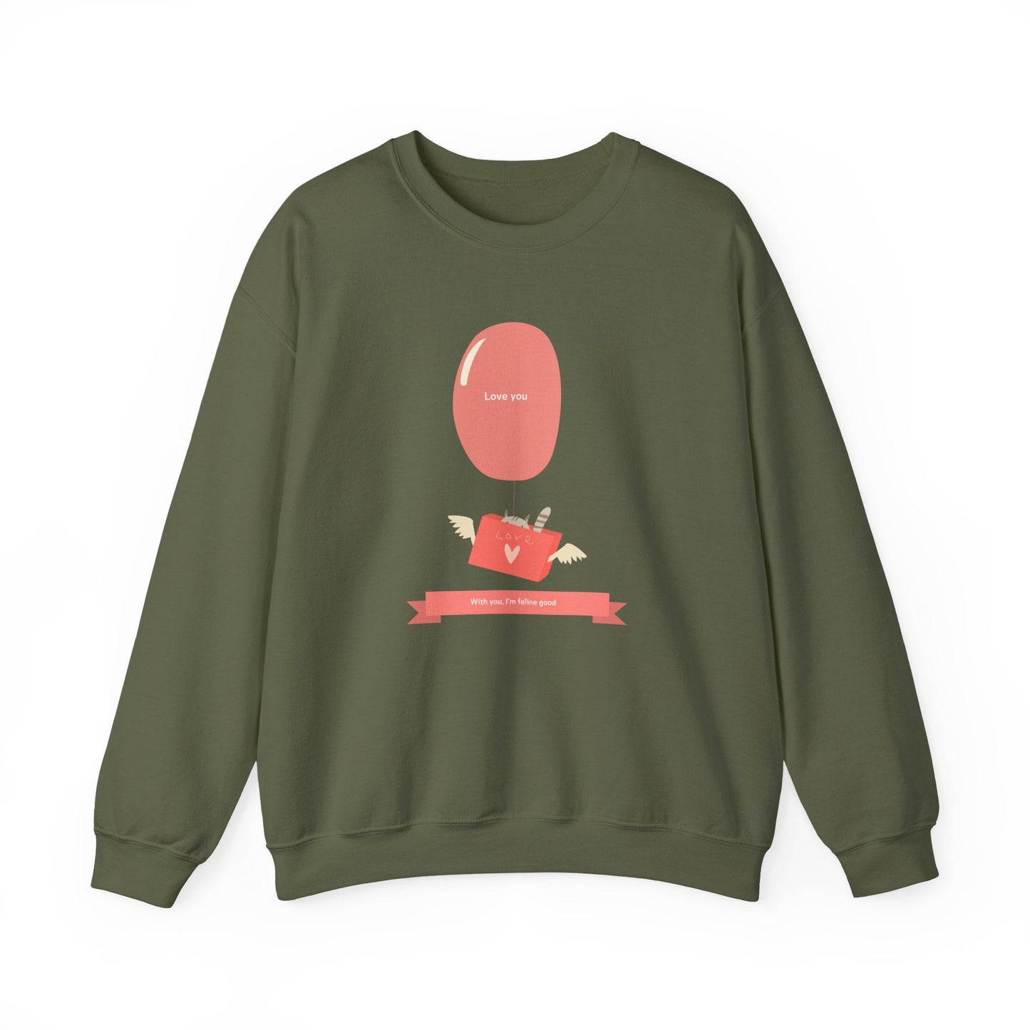 Cat Love Balloon Sweatshirt Unisex Fifty Fifty Cotton Poly Valentine Heavy Blend Crewneck Sweatshirt