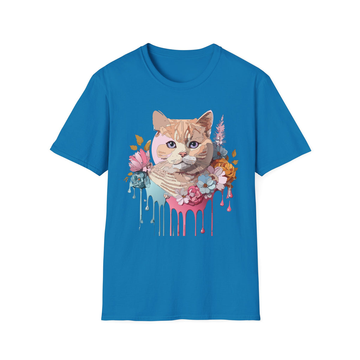 Floral Ginger Cat Portrait T-Shirt | Painted Cat Face with Flowers