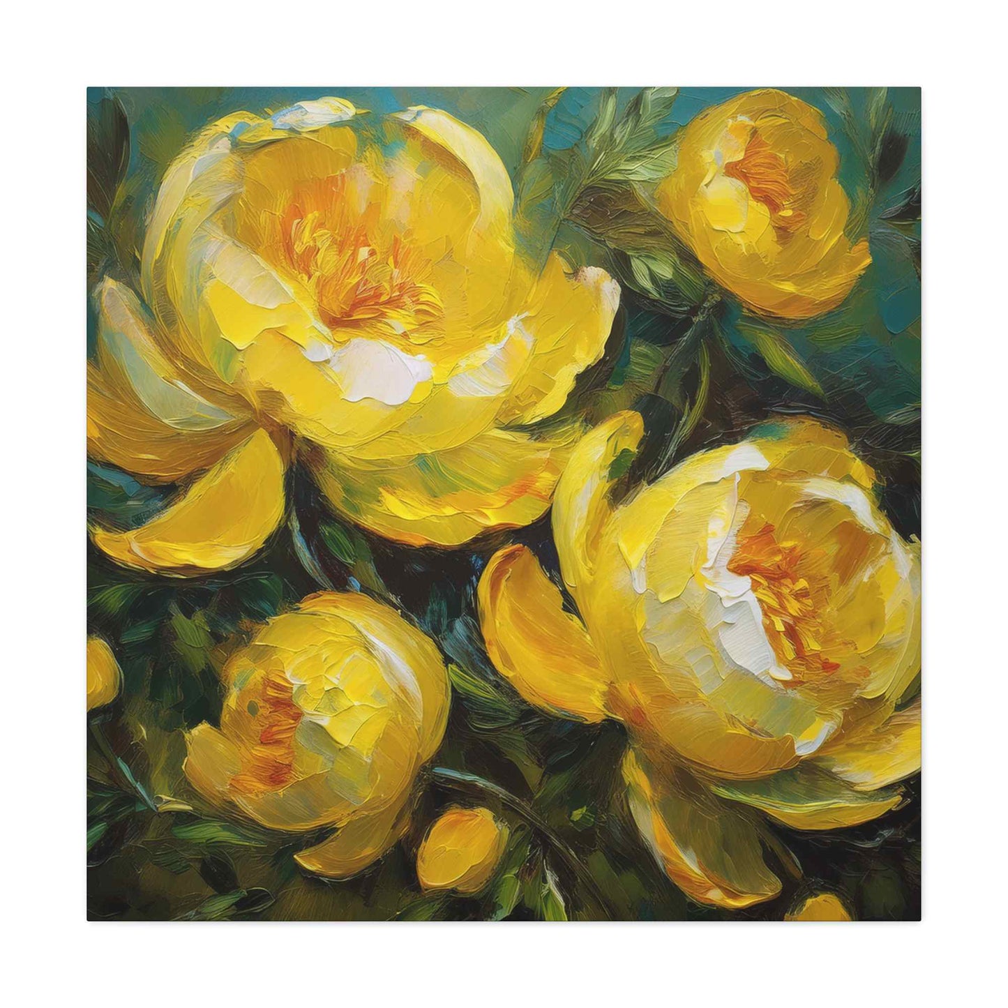 Yellow Peonies Print Canvas, Floral Oil Paint Print 20x20, 24x24, 30x30, 32x32, 36x36 Art Design Pine-Wood Inner Frame MC-122